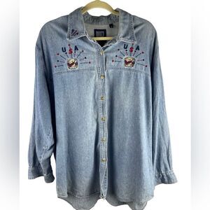 Vintage USA jeans denim long sleeve button shirt sz 18 w embroidered teddy bear